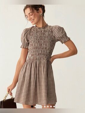 RIHOAS Brown Plaid Smocked Waist Casual Mini Dress NWT Medium